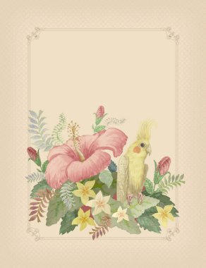 Sulu boyalı sarı Avustralya Corella papağan kuşu pembe amber çiçeği ve tropikal frangipani yaprağı bej arka planda eski bir çerçevede. Anneler Günü tebrik kartı.