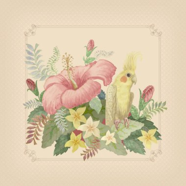 Sulu boyalı sarı Avustralya Corella papağan kuşu pembe amber çiçeği ve tropikal frangipani yaprağı bej arka planda eski bir çerçevede. Anneler Günü tebrik kartı.