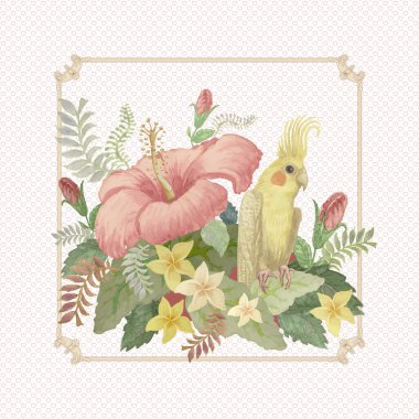 Sulu boyalı vektör sarı Avustralya Corella papağan kuşu pembe amber çiçeği ve tropikal frangipani yaprağı bej arka planda eski bir çerçevede