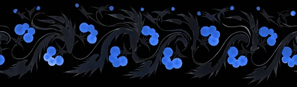 青いビブラムベリーからの花の水彩シームレスな境界パターンと黒の背景に隔離された葉 ペトリキフカ様式伝統絵画 — ストック写真