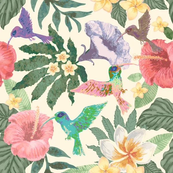 Naadloze Bloemenpatroon Van Aquarel Geschilderd Hibiscus Kolibrie Bloemen Fantasie Tropisch — Stockfoto