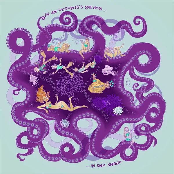 Vector Illustration Octopus Garden Violet Octopus Tentacles Cartoon Yellow Submarine — Stock Vector