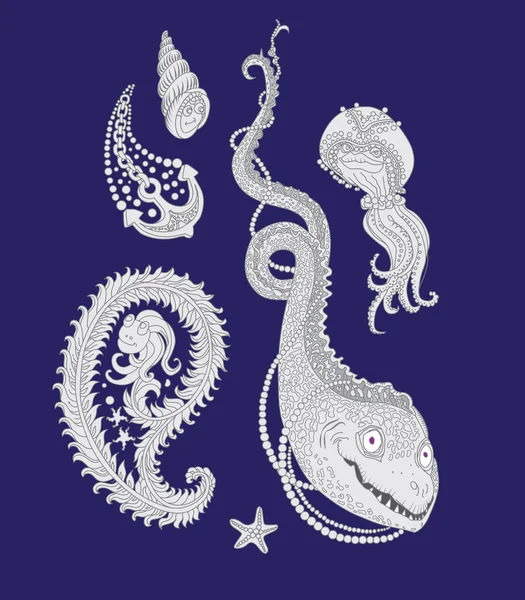 Векторний Набір Морської Риби Морського Якоря Морської Мушлі Медузи Темному — стоковий вектор