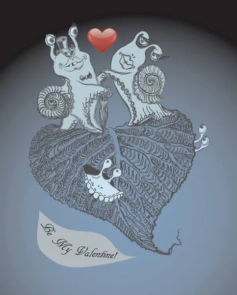 Валентинова Картка Веселі Равлики Паруються Пошматованому Листі Червоному Серці — стокове фото