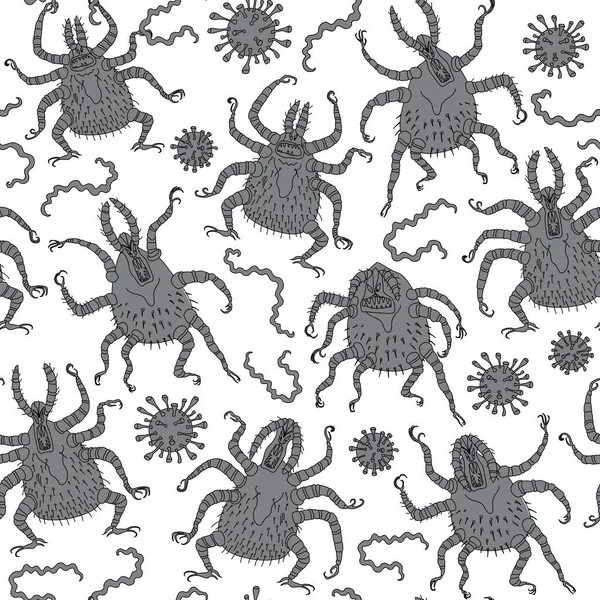 Patrón Sin Costura Vectorial Garrapata Dibujos Animados Bacilo Borrelia Virus — Vector de stock