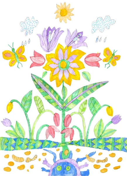 Dekorativní Panel Kreslený Akvarelem Tužkou Barevnými Plstěnými Pery Jarní Květiny — Stock fotografie