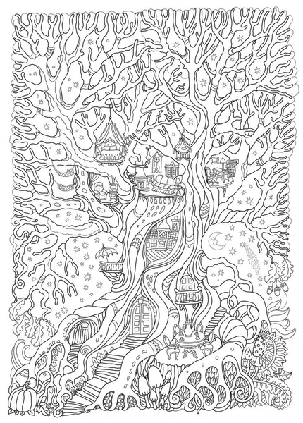Фантастичне Дубове Дерево Казковим Будинком Іграшковими Меблями Дорослі Діти Сторінка — стоковий вектор