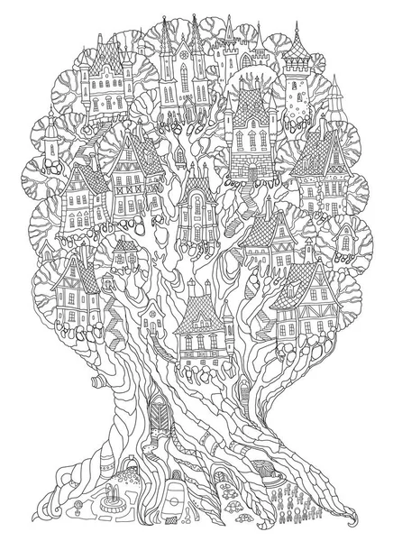 Fantazyjne Stare Drzewo Bajkowymi Domami Zamkami Pałacami Dorośli Dzieci Kolorowanki — Wektor stockowy