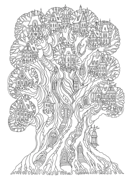 古い中世の町 ファンタジーの家とおとぎ話のオークの木 大人と子供のためのぬり絵ページ — ストックベクタ