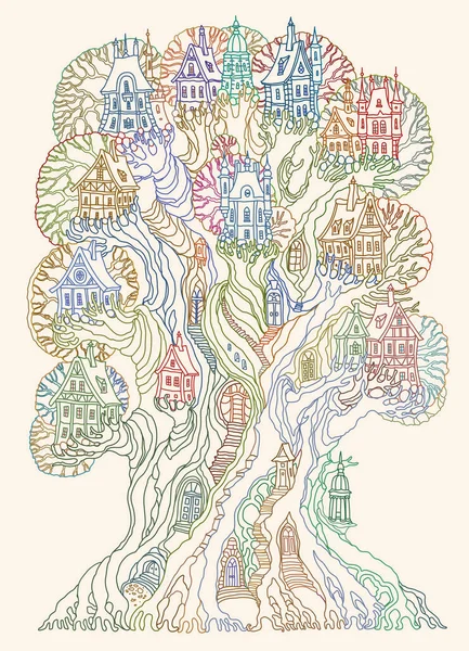 古い中世の町 ファンタジーの家とおとぎ話のオークの木 ベージュ地に大人と子供のためのぬりえブックページ — ストックベクタ