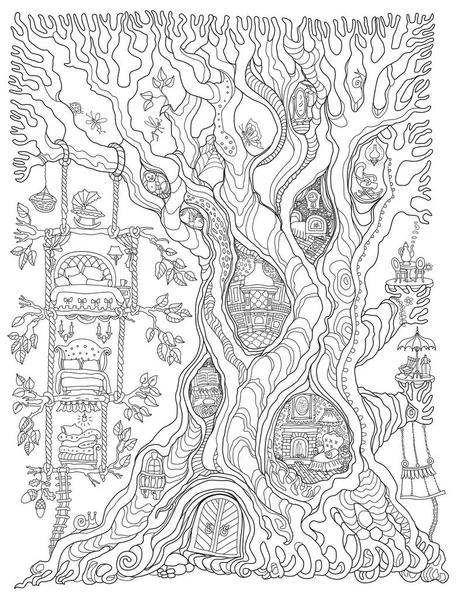 家具付きの古い木やおとぎ話の家 大人と子供のぬり絵ページ — ストックベクタ