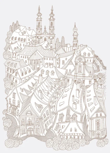 Διάνυσμα Καφέ Περίγραμμα Τοπίο Φαντασίας Παραμύθι Μικρή Πόλη Μεσαιωνικά Κτίρια — Διανυσματικό Αρχείο
