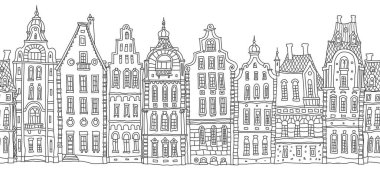 Mimari kusursuz sınır deseni. Peri masalı Hollanda evleri panorama, eski ortaçağ Avrupa şehir sokağı. Boyama kitabı sayfası, seyahat broşürü, web sitesi afişi