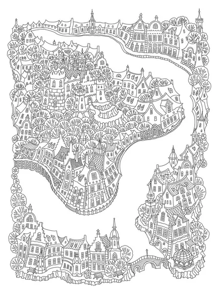Vektorová Fantasy Městská Krajina Malými Středověkými Evropskými Budovami Hradem Pohádková — Stockový vektor