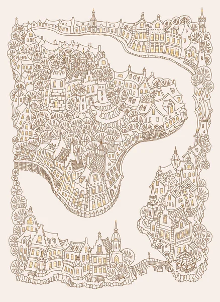 Векторний Фентезійний Міський Пейзаж Невеликими Середньовічними Європейськими Будівлями Замком Казкова — стоковий вектор