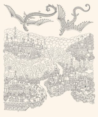 Vektör fantezi manzarası, nehir kıyısındaki küçük bir kasaba, gökteki ejderha. Yetişkinlerin Boyama Kitabı sayfası 