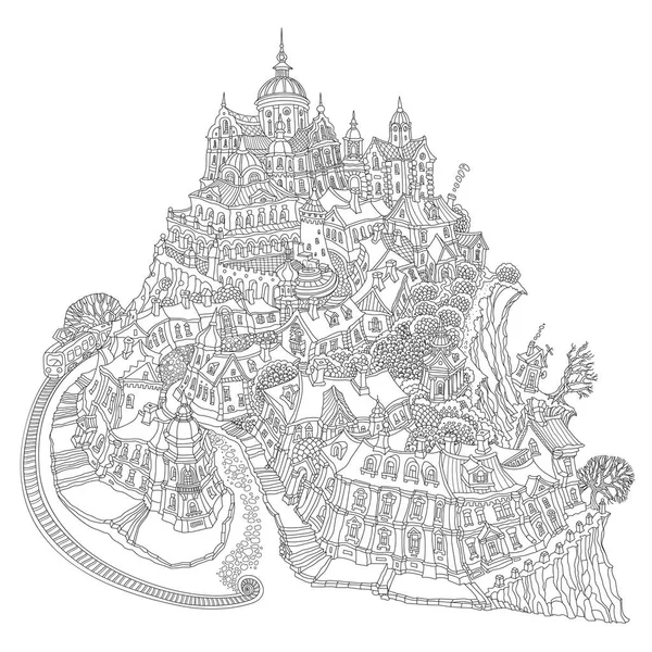 Διάνυσμα Ασπρόμαυρο Τοπίο Φαντασίας Περίγραμμα Μικρά Κτίρια Της Πόλης Ράγες — Διανυσματικό Αρχείο