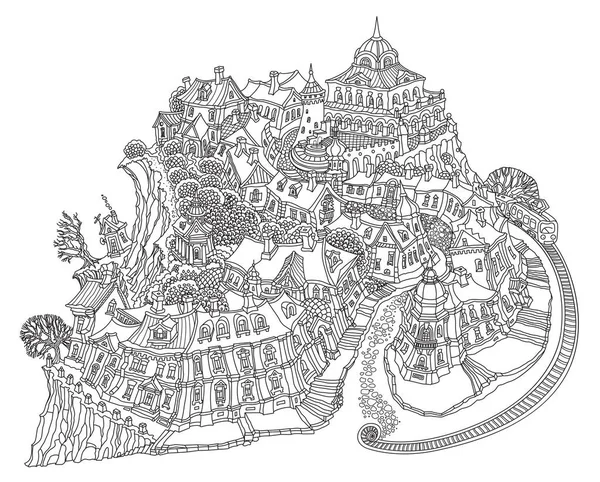 Векторний Чорно Білий Контурно Фентезійний Ландшафт Невеликі Міські Будівлі Трамвайні — стоковий вектор