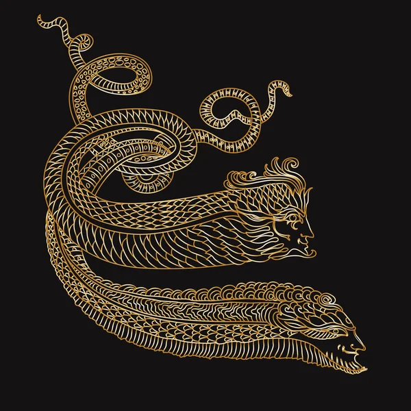 Векторний Золотий Контур Малюнка Фантазії Підводних Змій Чоловіків Чорному Тлі — стоковий вектор