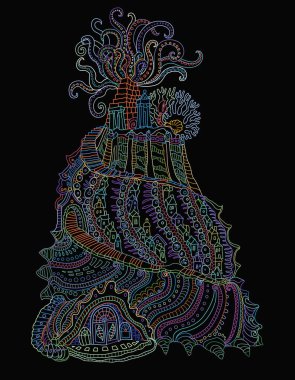 Vector fantazisi Atlantis sualtı manzarası, küçük kasaba binaları, tapınak, ahtapot dokunaçları ve siyah arka planda olan peri masalı deniz kabuğu.