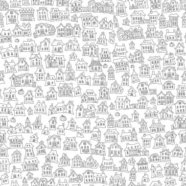 Peri masalının kusursuz deseni eski kasaba evleri ve balkabağı. Şükran Günü, Cadılar Bayramı duvar kağıdı, Noel, Yeni Yıl baskısı