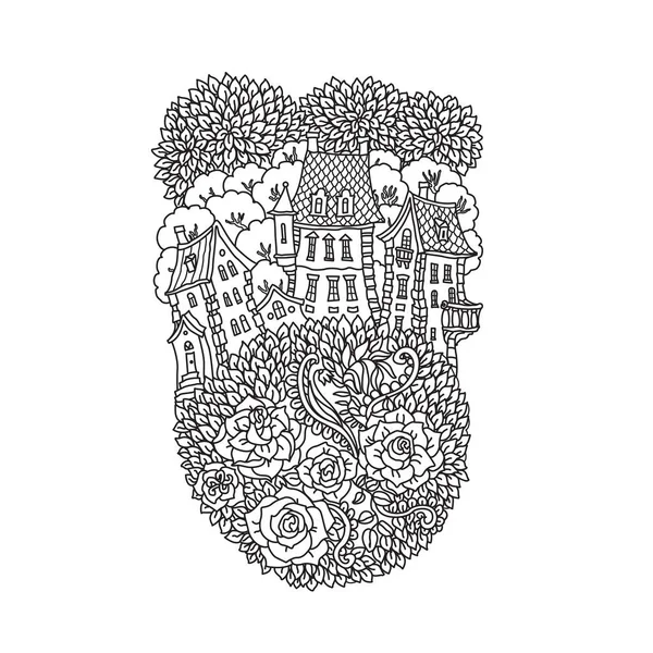 Векторный Черно Белый Контур Фантастических Маленьких Городков Розовых Цветов Садовых — стоковый вектор