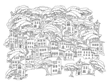 Peri masalı Akdeniz kasabası tepenin üstünde çam ağaçları ormanının olduğu fantezi manzarası. Boyama kitabı sayfası