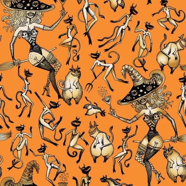 유머러스 황금색 실루엣 악마들의 무미건조 무늬가 오렌지색 할로윈 — 스톡 벡터