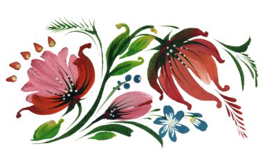 Ukrayna folklorik resim stilinde çiçek kolajı. Beyaz arkaplanda suluboya çiçekler ve yapraklar