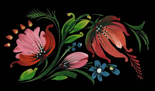 Květinová Koláž Ukrajinském Lidovém Malířském Stylu Petrykivka Akvarel Květiny Listy — Stock fotografie
