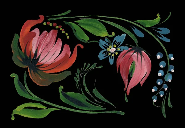 Květinová Koláž Ukrajinském Lidovém Malířském Stylu Petrykivka Akvarel Květiny Listy — Stock fotografie