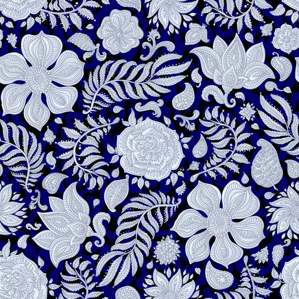 꽃무늬가 페일리 환상의 나뭇잎 인디고 배경에 장식물 Textile Bohemian Print — 스톡 사진
