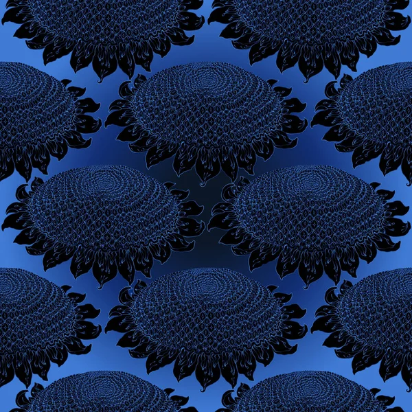 Nahtloses Muster Mit Indigo Konturierten Schwarzen Sonnenblumen Auf Blauem Hintergrund — Stockfoto