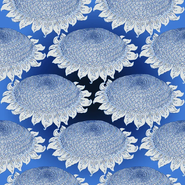 Nahtloses Muster Mit Indigo Konturierten Hellgrauen Sonnenblumen Auf Blauem Hintergrund — Stockfoto