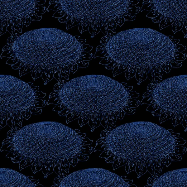 Seamless Pattern Indigo Blue Contour Sunflowers Black Background Fantasy Wallpaper — Stock Photo, Image