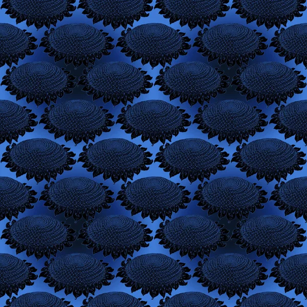 藍の輪郭が青い背景に黒いひまわりとシームレスなパターン ファンタジー壁紙 シルクプリント 包装紙 — ストック写真