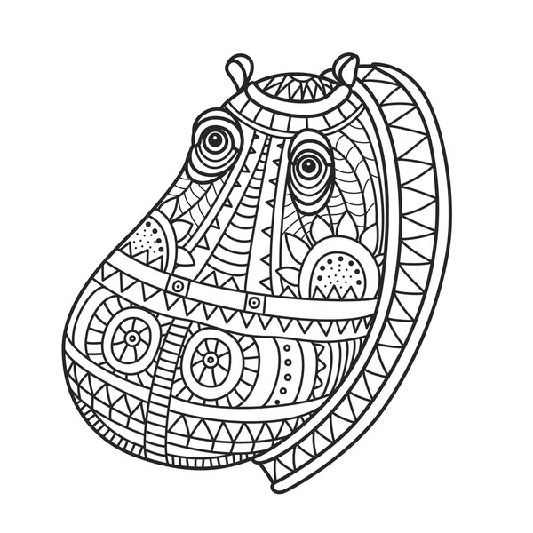 Vector Fantasy Ornate African Hippopotamus Head Hand Drawn Black White — Stock Vector