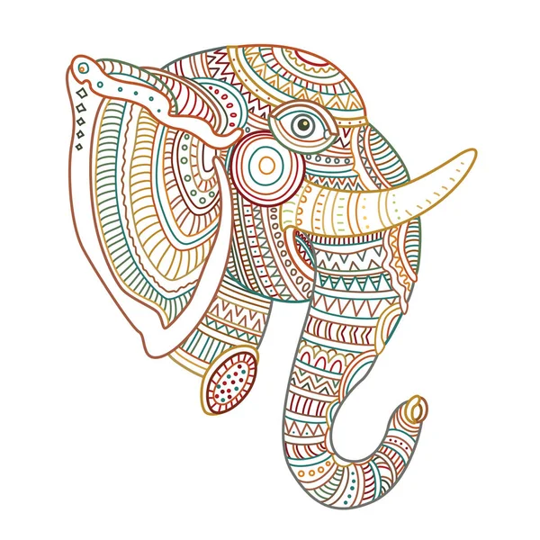 Vecteur Orné Tête Éléphant Indien Croquis Dessiné Main Contour Coloré — Image vectorielle
