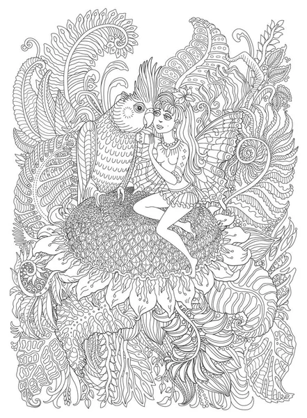 Казкова Дівчина Ельфів Крилами Метеликів Сидить Соняшнику Коктейльною Папугою Сторінка — стоковий вектор