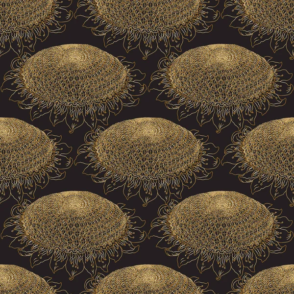 Vektor Nahtloses Muster Mit Goldenen Sonnenblumen Auf Schwarzem Hintergrund Stickerei — Stockvektor