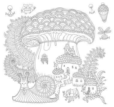 Fantezi manzarası. Peri masalı salyangozu, mantarlı ev, buharlı punk hava balonları. Yetişkin ve çocuklar için boyama kitabı sayfası