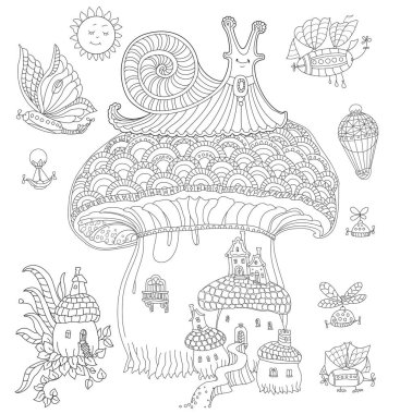 Fantezi manzarası. Peri masalı salyangozu, mantarlı ev, buharlı punk hava balonları. Yetişkin ve çocuklar için boyama kitabı sayfası