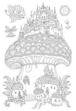 Fantezi manzarası. Mantar üzerinde peri masalı şatosu, uçan steampunk hava balonları, gülümseyen güneş. Yetişkin ve çocuklar için boyama kitabı sayfası