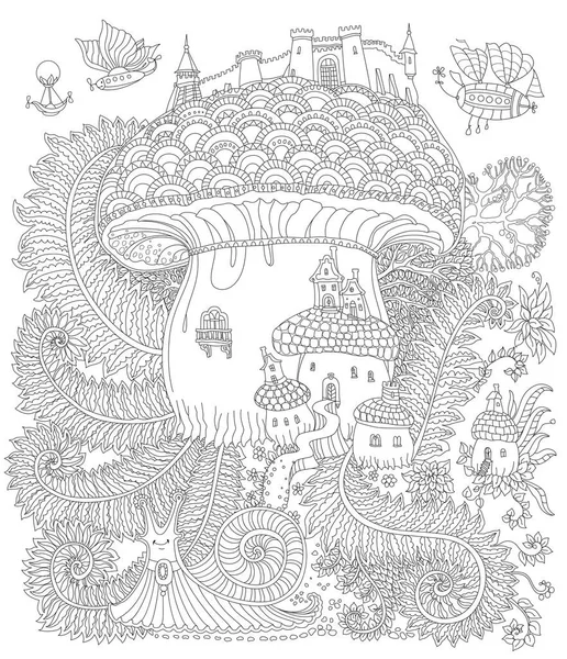 stock vector Fantasy landscape. Fairy tale castle on a mushroom, snail, flying steam punk air baloons. Coloring book page for adults and children