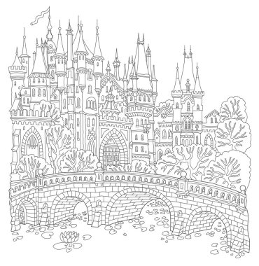 Peri masalı ortaçağ kalesi, taş köprü, parkta göl. Yetişkin ve çocuklar için boyama kitabı sayfası. Siyah ve Beyaz karalama.