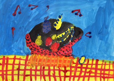 Fantezi natürmort, kareli masa örtüsü arka planında meyveli kırmızı kase. El çizimi Gouache tablosu