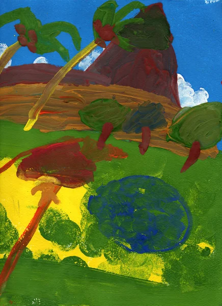 Ręcznie Malowany Gwasz Fantazyjny Tropikalny Krajobraz Wyspy Górami Wulkanu Trawą — Zdjęcie stockowe