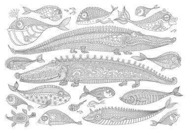Vektör karikatür timsah, balık, kaplumbağa. Siyah beyaz karalama el çizimi. Yetişkin ve çocuklar için boyama kitabı sayfası. Batik boyası.