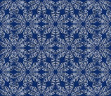 Vektörsüz geometrik desen. Gümüş grisi, buzlu çiçekler, kar taneleri, Koyu mavi arka plandaki tüylerden yıldızlar