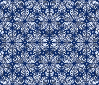 Vektörsüz geometrik desen. Gümüş grisi, buzlu çiçekler, kar taneleri, Koyu mavi arka plandaki tüylerden yıldızlar